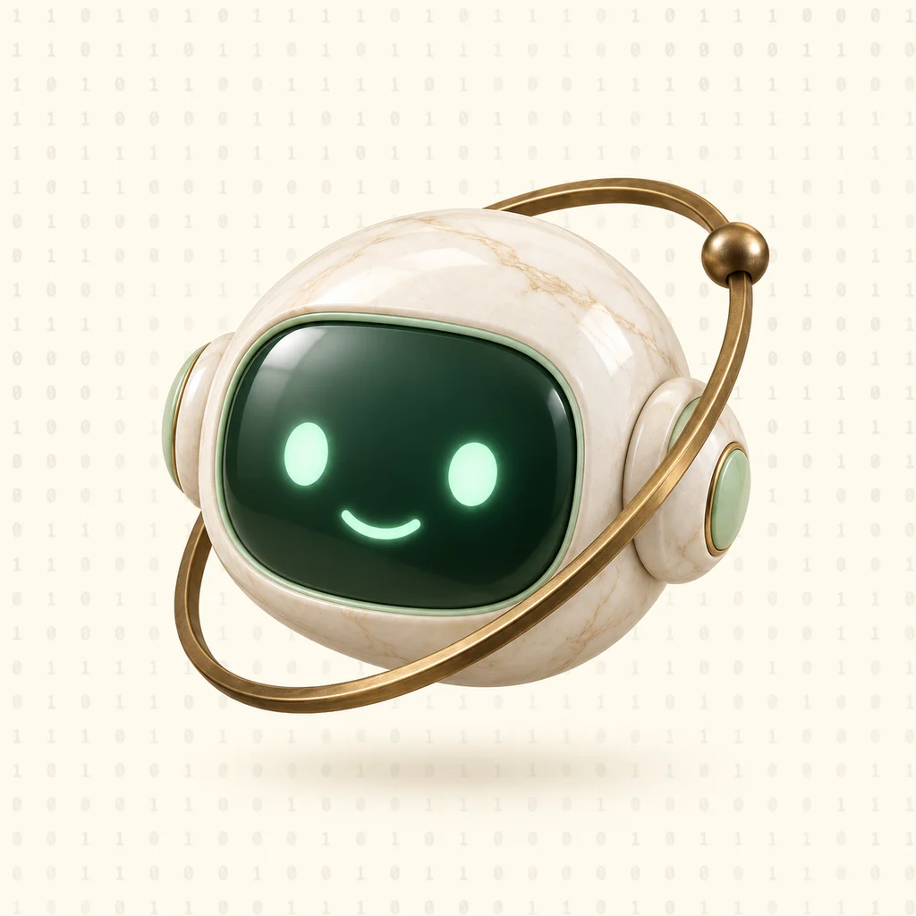 The orbio.chat robot: a marble head with a green screen face and a bronze orbit ring